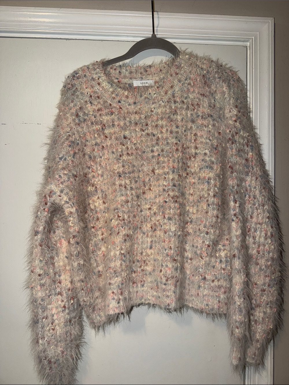 The LUSH Lovely Time Blush Pink Multi Fuzzy Knit Sweater